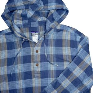 Patagonia Mens S A/C Hoody Long Sleeve Organic Cotton Blue Plaid Kangaroo Pocket